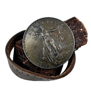 Vintage Coin Belt Buckle with Brown Leather Belt